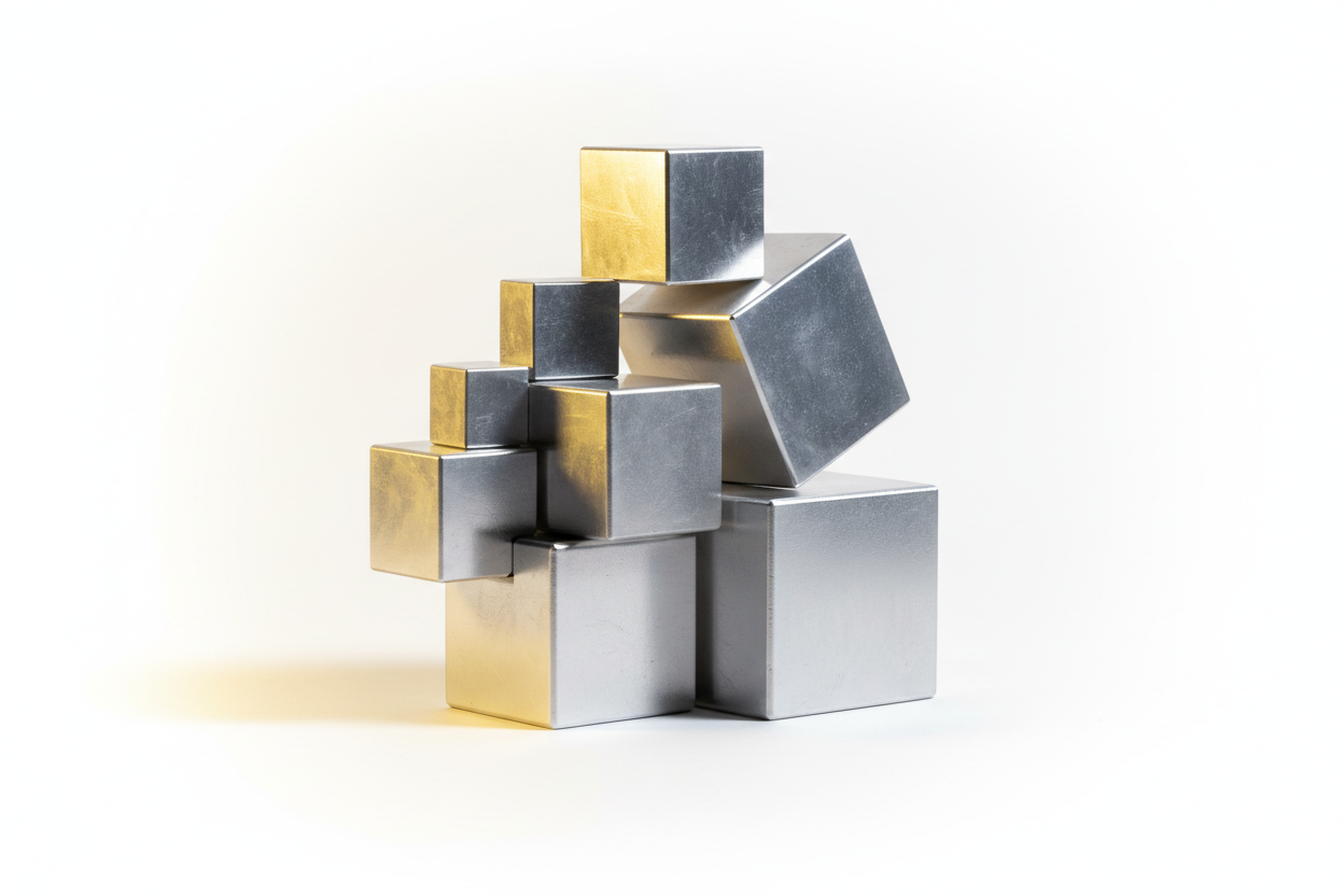 Image of aluminum blocks of various sizes. Overall theme of the website is "banana"